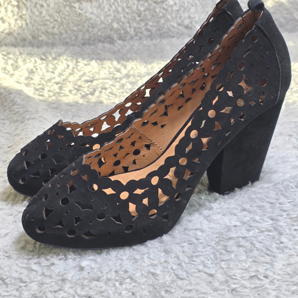 Jeffrey Campbell Black Suede Laser-Cut Block Heel Pumps